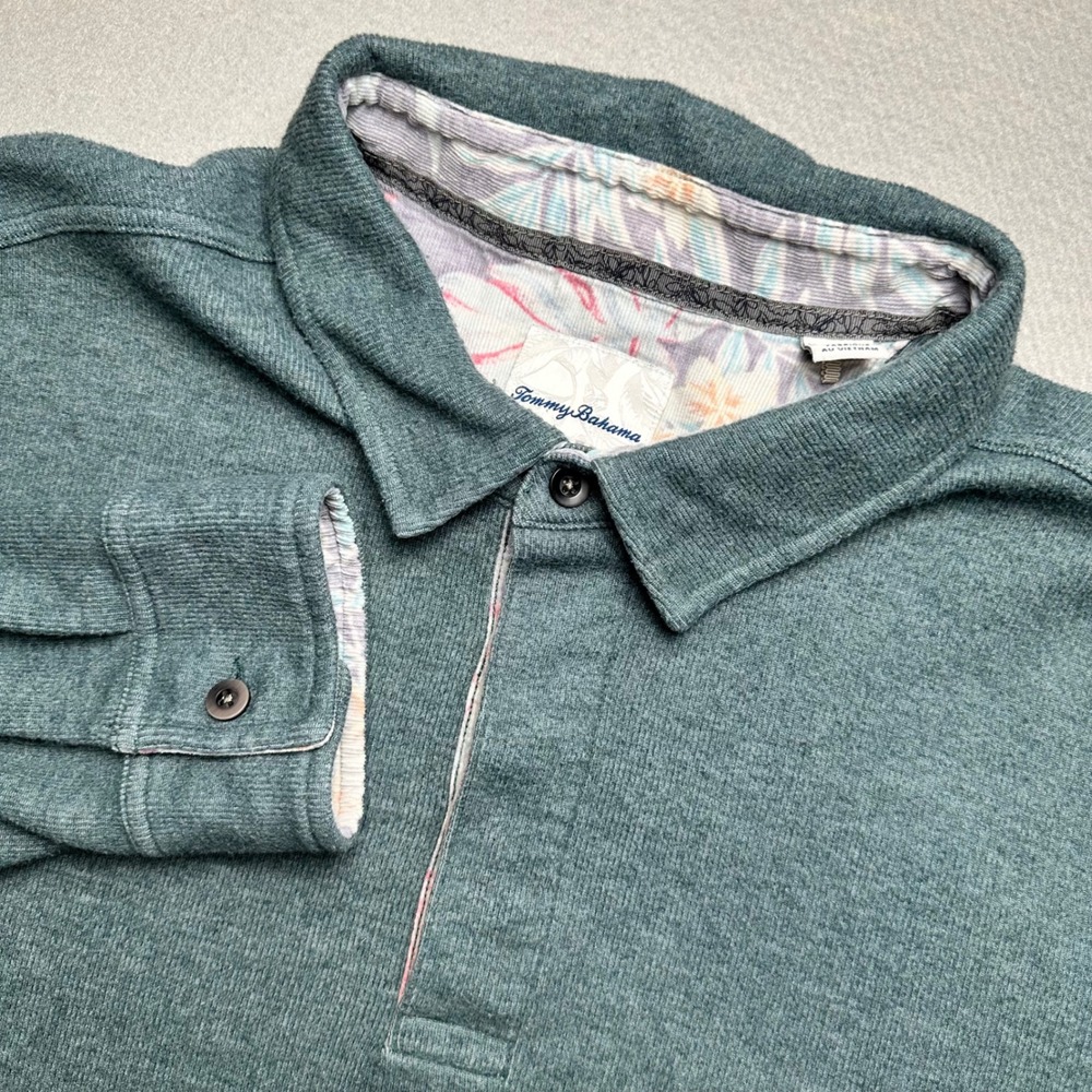 Tommy Bahama Polo Shirt Mens XXL Green Long Sleeve Ribbed Tropical Trim Marlin